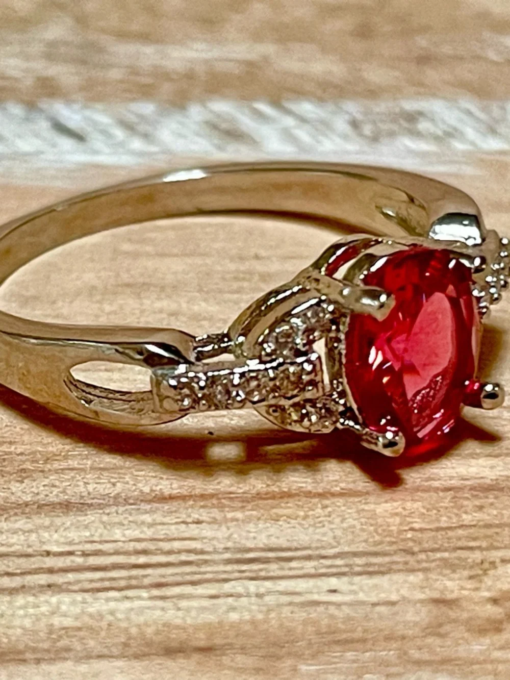 Ruby-tone Red Crystal Gemstone Solitaire Ring w Pavé Accents in Polished Silver